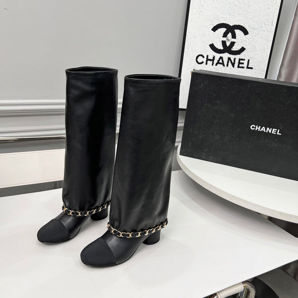 CC 25 High Boots With Chain 55mm Black Cowhide Grosgrain 374026