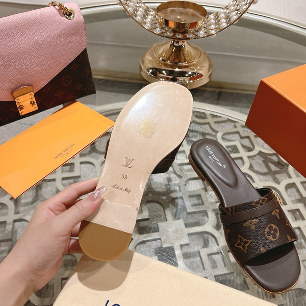 lv sandal isola flat mule dark brown monogram calfskin