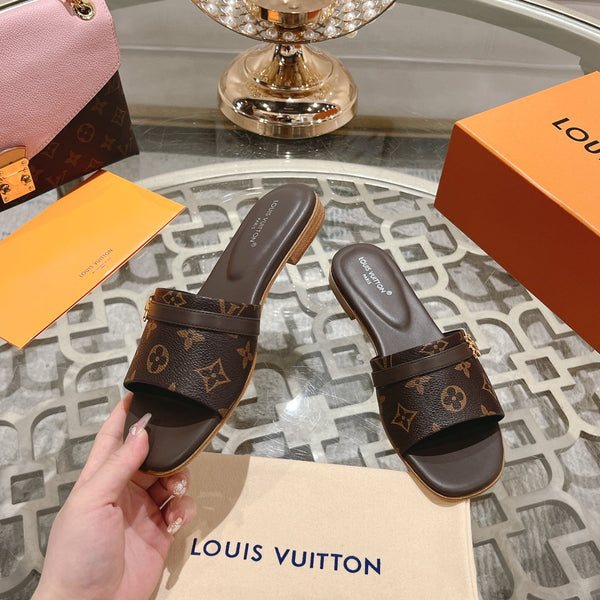 lv sandal isola flat mule dark brown monogram calfskin