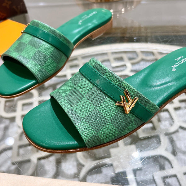 lv sandal isola flat mule green damier calfskin