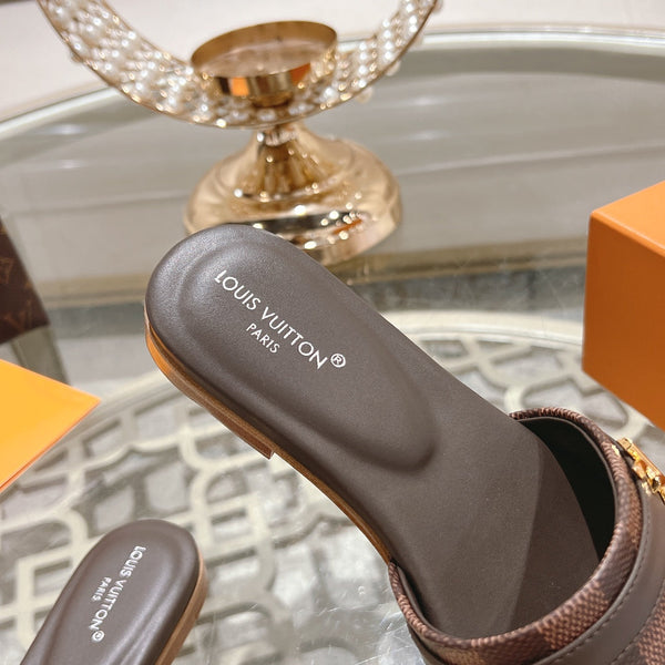 lv sandal isola flat mule brown damier calfskin