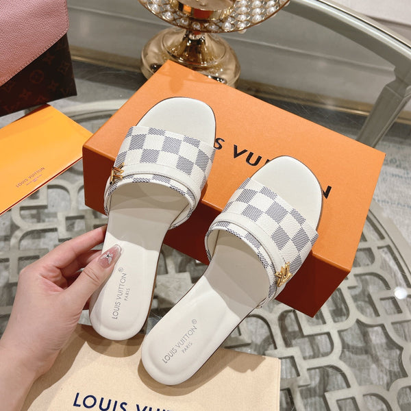 lv sandal isola flat mule white grey damier calfskin