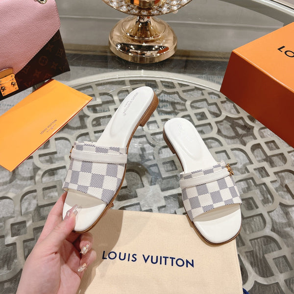 lv sandal isola flat mule white grey damier calfskin