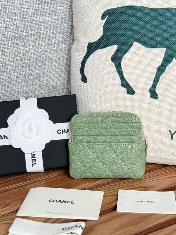 CC Zip Card Holder Wallet Olive Green Gold Metal Caviar 240599