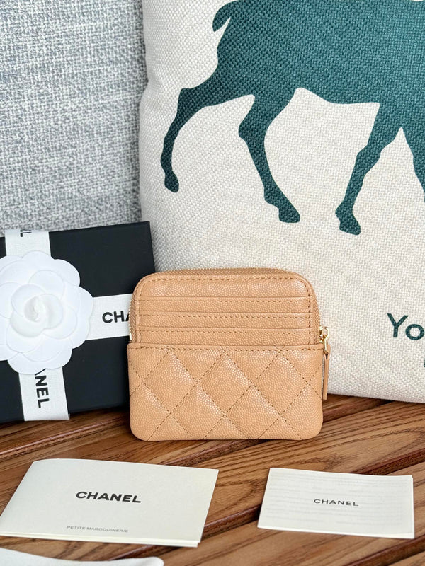 Portafoglio porta carte CC Zip Beige Gold Metal Caviar 240603