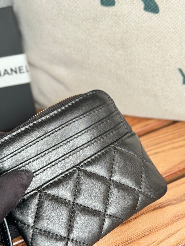 CC Zip Card Holder Wallet Black Gold Metal Lamskin 240617