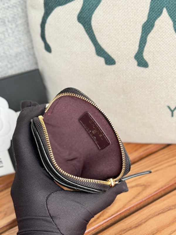 CC Zip Card Holder Wallet Black Gold Metal Lamskin 240617