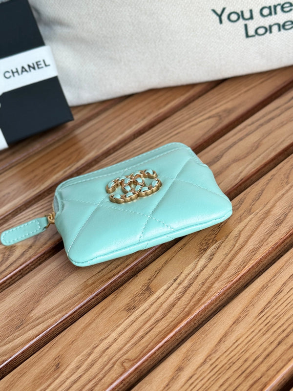 cc 19 zipped coin purse 11cm turquoise blue lambskin gold hardware