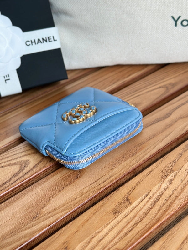 cc 19 zipped coin purse 11cm blue lambskin gold hardware