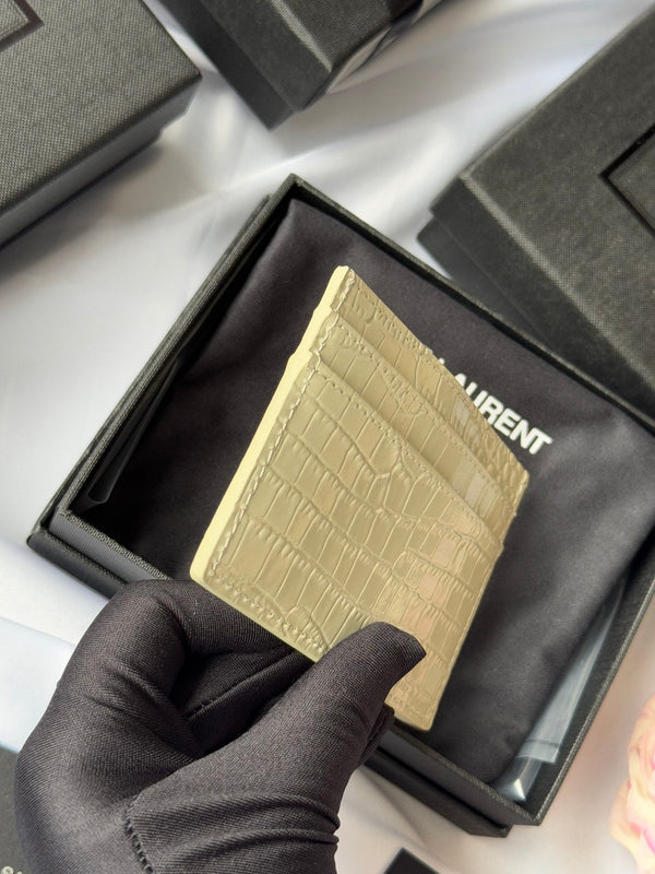 YSL Card Holder 10cm Wallet Cream Gold Crocodile Leather 240565