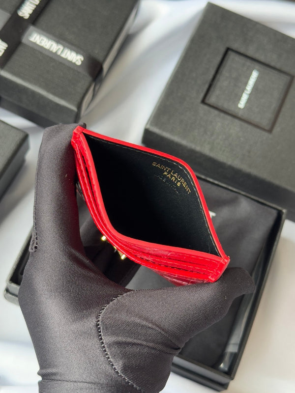 YSL Card Holder 10cm Wallet Red Gold Crocodile Leather 240563
