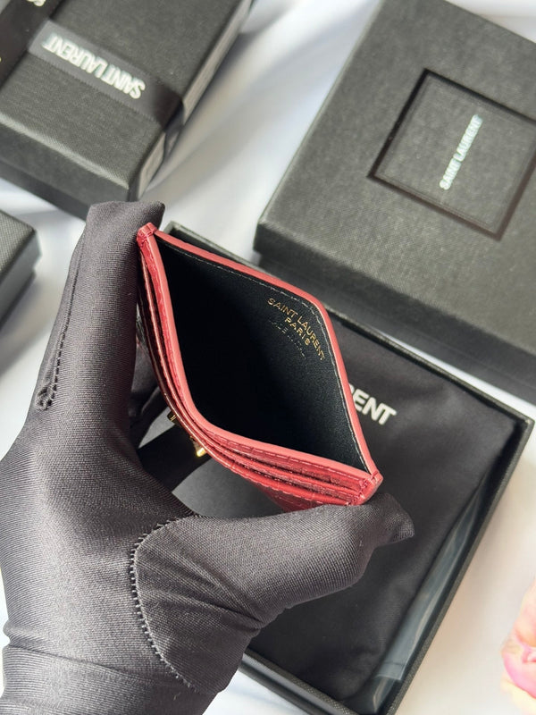 YSL Card Holder 10cm Wallet Burgundy Gold Crocodile Leather 240559