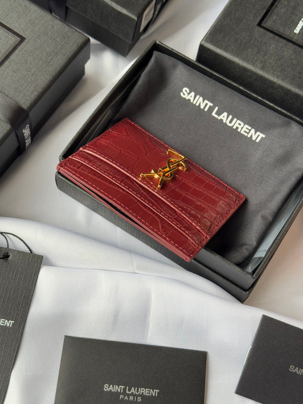 YSL Card Holder 10cm Wallet Burgundy Gold Crocodile Leather 240559