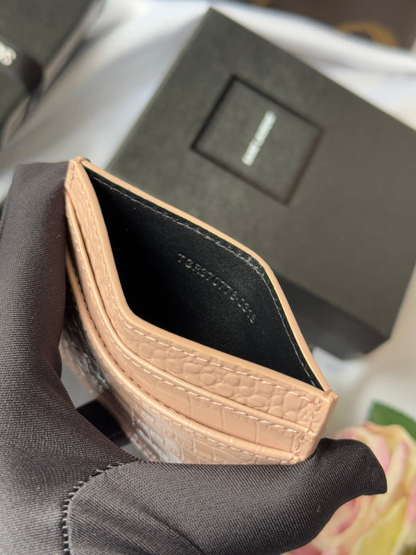 YSL Card Holder 10cm Wallet Pink Gold Crocodile Leather 240557