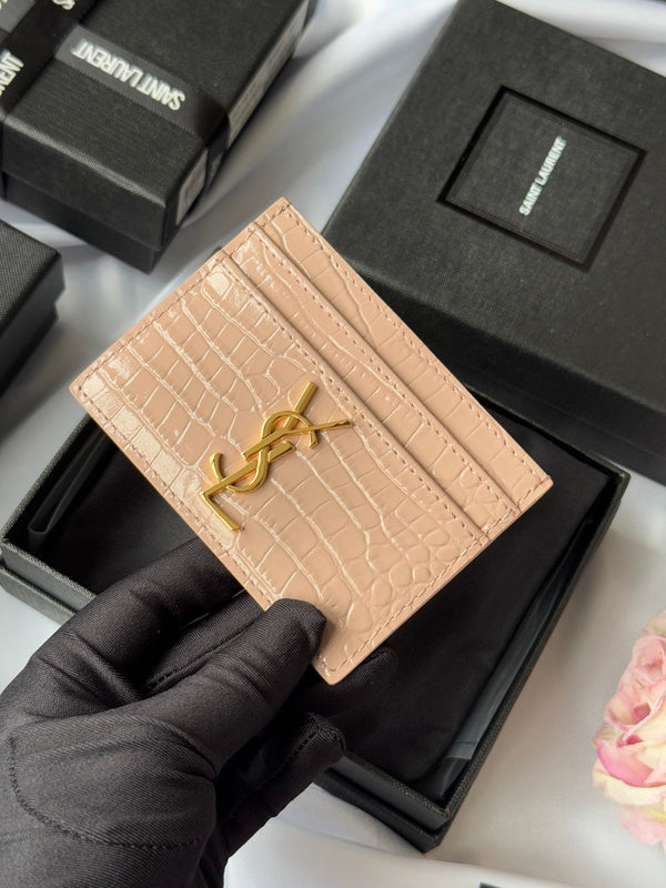 YSL Card Holder 10cm Wallet Pink Gold Crocodile Leather 240557