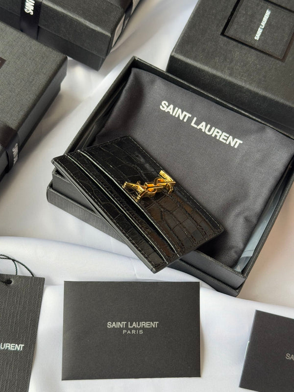 YSL Card Holder 10cm Wallet Black Gold Crocodile Leather 240550