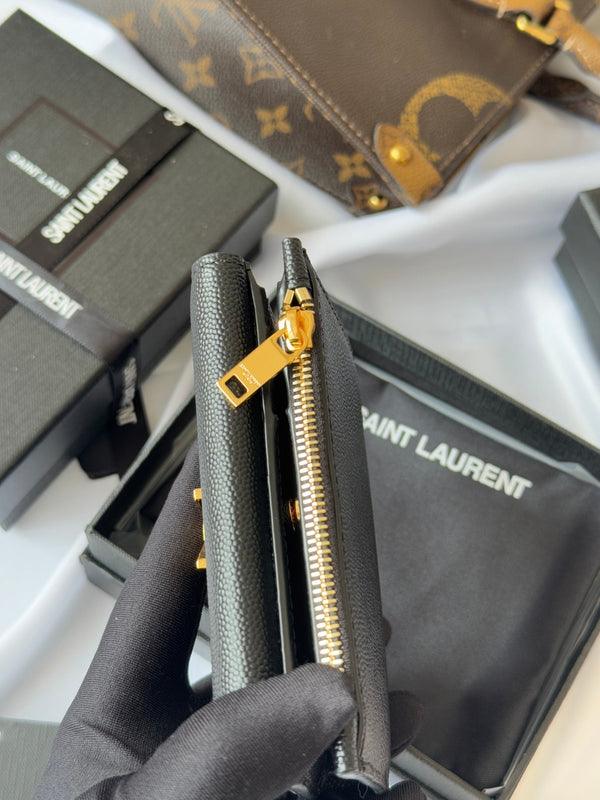 YSL Tri-fold Wallet Black Gold Cowhide 242754