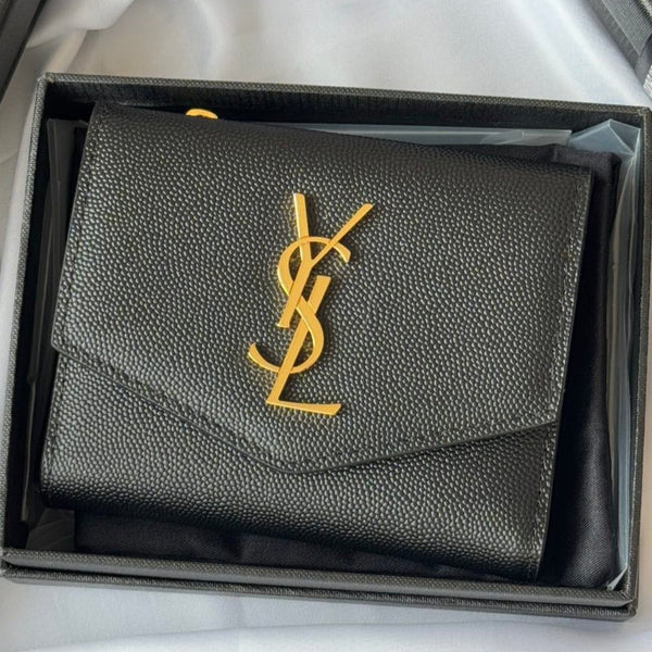 YSL Tri-fold Wallet Black Gold Cowhide 242754
