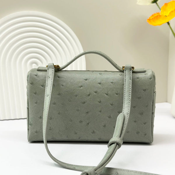 Borsa LP Extra 19 cm con motivo struzzo, pelle di vitello grigio oliva, hardware dorato