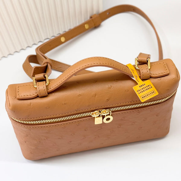 LP Extra Bag 19cm Ostrich Pattern Gold Calfskin Gold Hardware