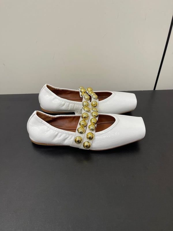 ALAIA BALLET FLATS IN WHITE GLOSSY CALFSKIN WITH GOLD HARDWARE
