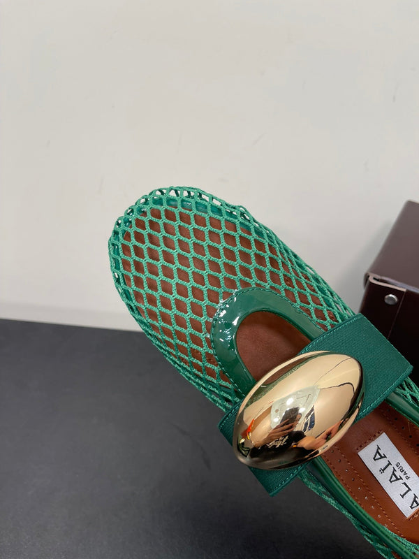 ALAIA BALLET FLATS IN COOL GREEN MESH FISHNET WITH GOLD HARDWARE