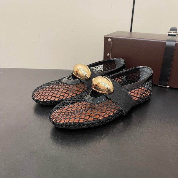 ALAIA BALLET FLATS IN BLACK MESH FISHNET WITH GOLD HARDWARE