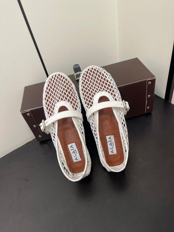 ALAIA BALLET FLATS IN WHITE MESH FISHNET