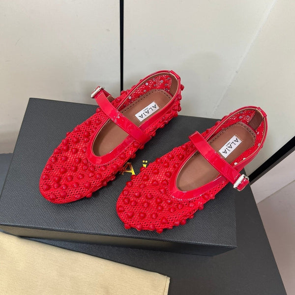 Alaila Ballet Flats With Studs On Fishnet In Red 975749