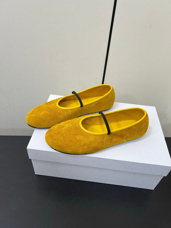 Scarpetta da ballo elastica in pelle scamosciata color ambra e oro 340037