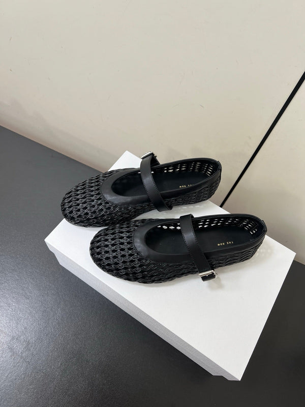The Row 25ss Mary Jane Flat Nero Mesh Pelle di Vacchetta 340043