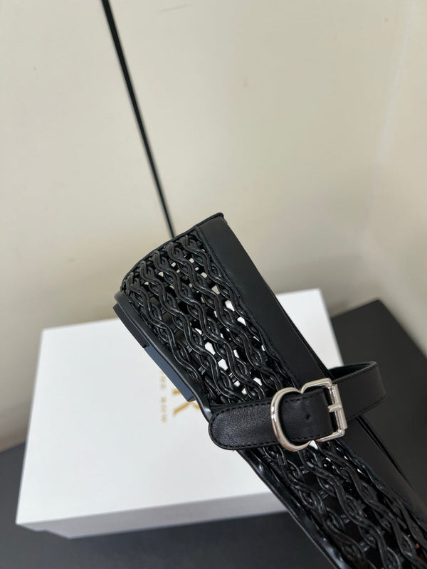 The Row 25ss Mary Jane Flat Nero Mesh Pelle di Vacchetta 340043