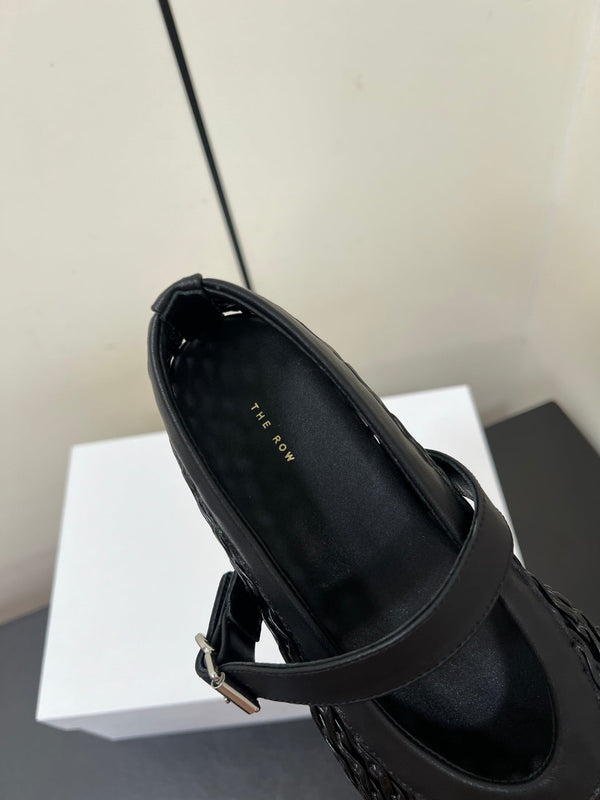 The Row 25ss Mary Jane Flat Nero Mesh Pelle di Vacchetta 340043