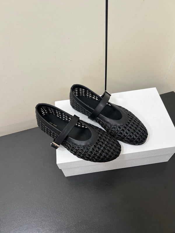 The Row 25ss Mary Jane Flat Nero Mesh Pelle di Vacchetta 340043