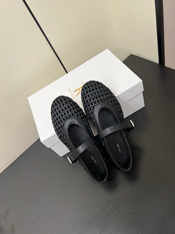 The Row 25ss Mary Jane Flat Nero Mesh Pelle di Vacchetta 340043