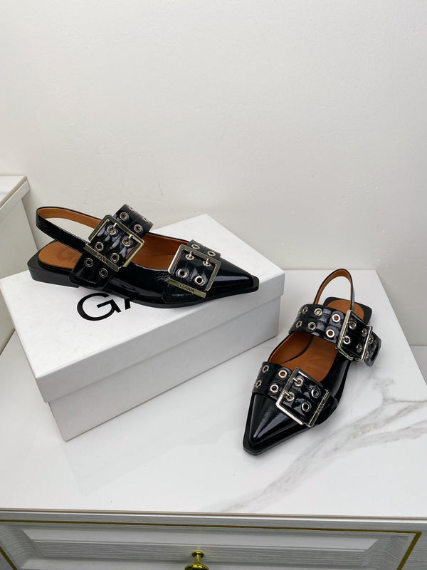ganni black feminine buckle slingback flat