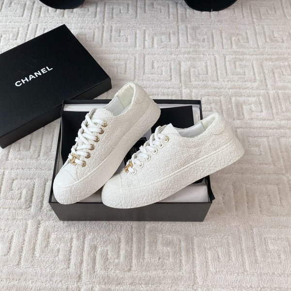 CC Low Sneaker 35mm White Tweed Fabric And Lambskin