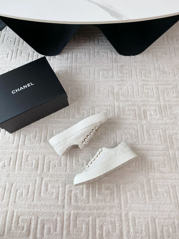 CC Low Sneaker 35mm White Tweed Fabric And Lambskin