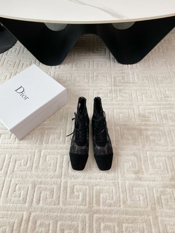 CD Naughtily-D Heeled Ankle Boot Black Transparent Mesh Roses Embroidery And Suede