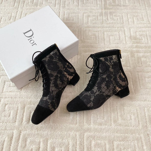 CD Naughtily-D Heeled Ankle Boot Black Transparent Mesh Roses Embroidery And Suede