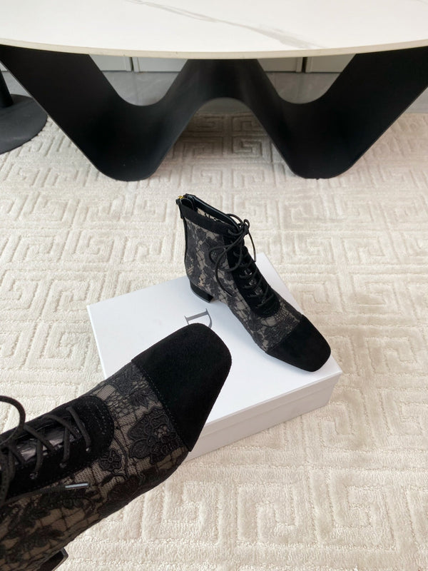 CD Naughtily-D Heeled Ankle Boot Black Transparent Mesh Roses Embroidery And Suede