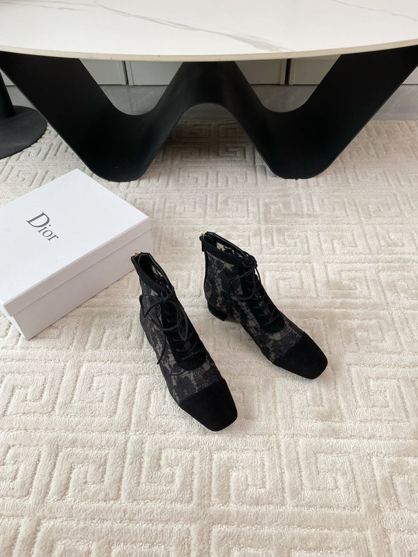 CD Naughtily-D Heeled Ankle Boot Black Transparent Mesh Roses Embroidery And Suede