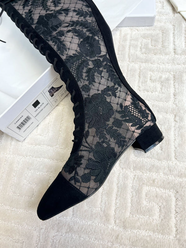 CD Naughtily-D Heeled High Boots Black Transparent Mesh Roses Embroidery And Suede