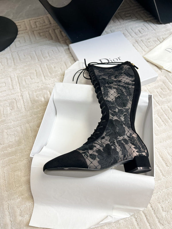 CD Naughtily-D Heeled High Boots Black Transparent Mesh Roses Embroidery And Suede