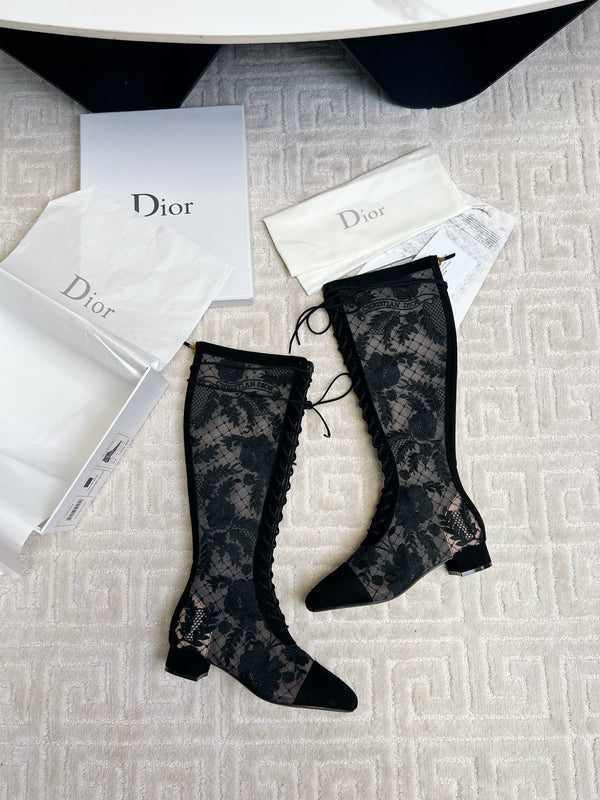 CD Naughtily-D Heeled High Boots Black Transparent Mesh Roses Embroidery And Suede