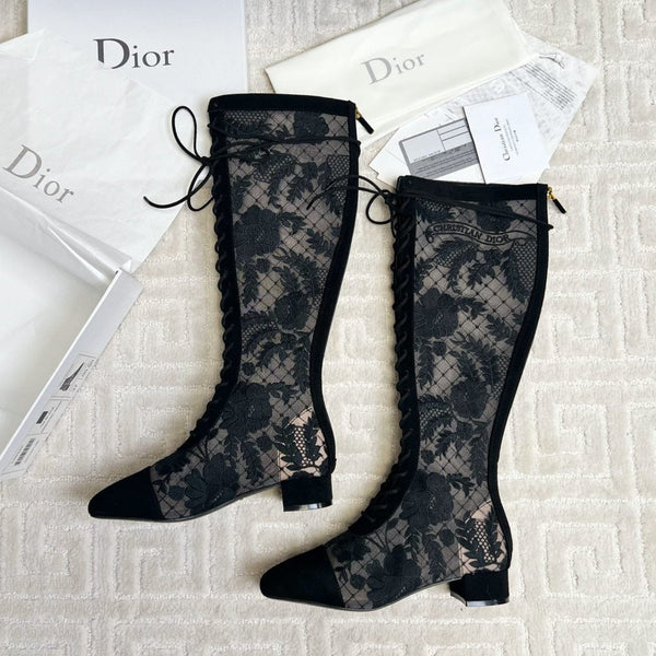 CD Naughtily-D Heeled High Boots Black Transparent Mesh Roses Embroidery And Suede