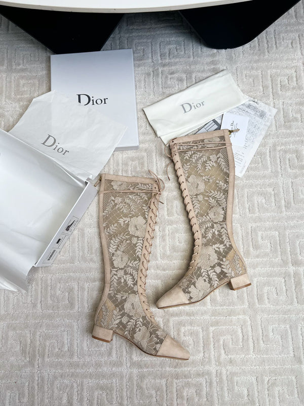 CD Naughtily-D Heeled High Boots Beige Transparent Mesh Roses Embroidery And Suede