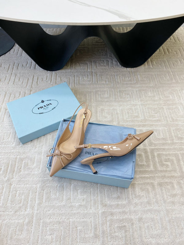 SLINGBACK PUMPS ATTACHED BOW IN BEIGE GLOSSY CALFSKIN