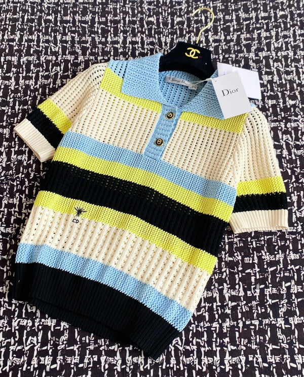 CD 25 Embroidered Short Sleeves Beige Blue Wool