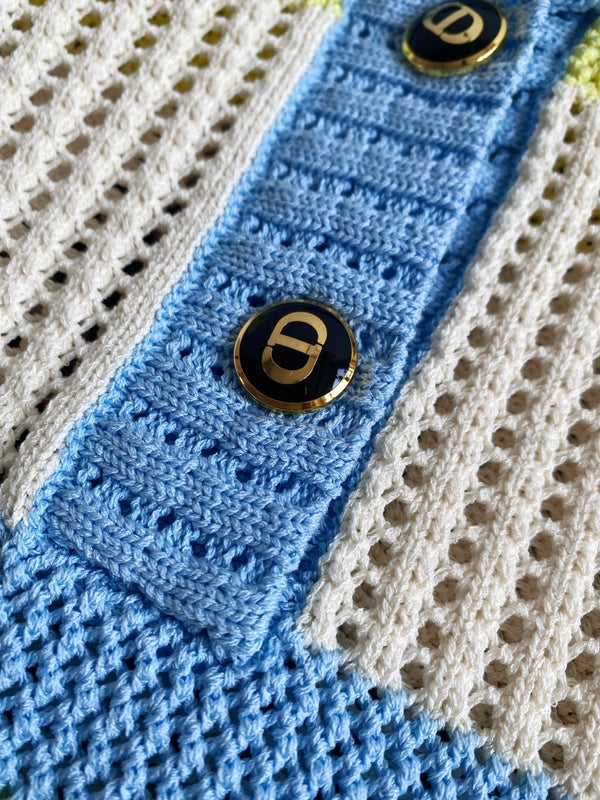 CD 25 Embroidered Short Sleeves Beige Blue Wool